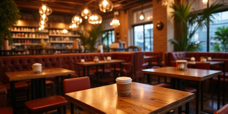 Cozy interior of Silk & Cedar Cafe inspired by global trade routes, warm lighting, artisanal beverages on wooden tables